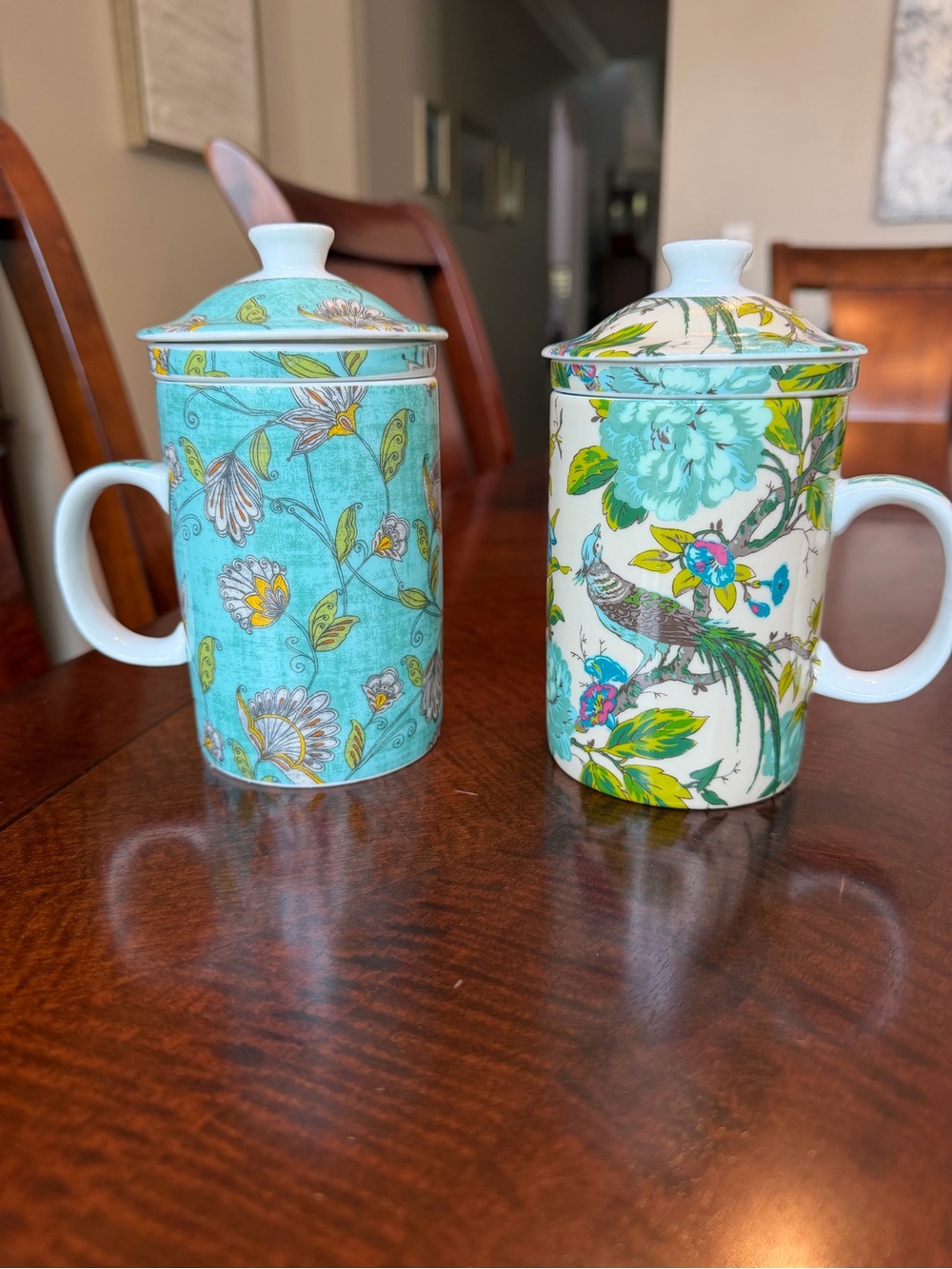 2 World Market Tea Cups/Mugs Infuser Lid Turquoise Teal Peacock pheasant 3 pc ea